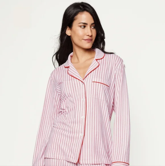 Petite Plume Pima Pajama Set In Antique Red Size Large Striped Embroidered EUC - Picture 4 of 16